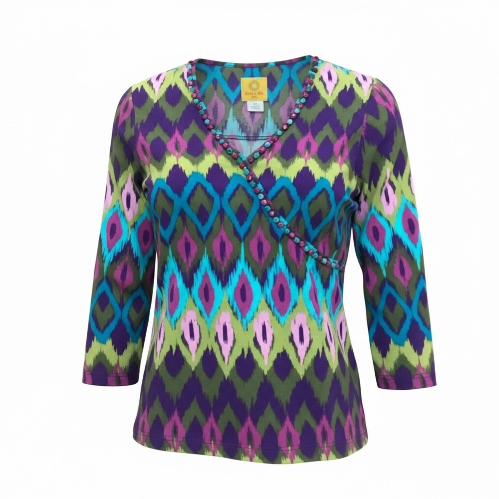 Ruby Rd Petite Ikat Diamond Print Faux Wrap V-Neck 3/4 Sleeve Top Purple PS